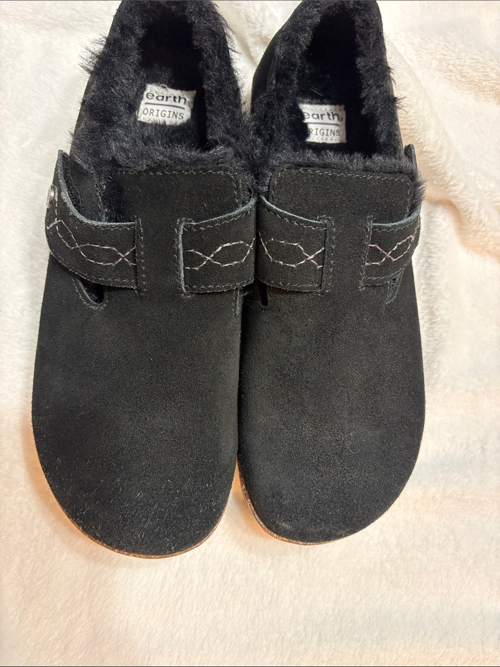 Earth Origins Black Suede Faux-Fur Lined Mules with Hook Strap